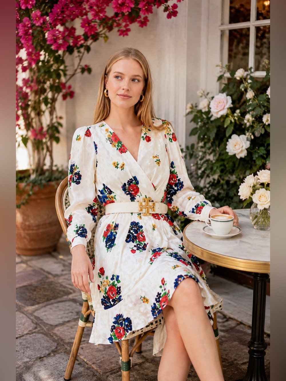 TORY BURCH Silk Long Sleeve Dress Ivory Tea Rose Floral Print Size 14